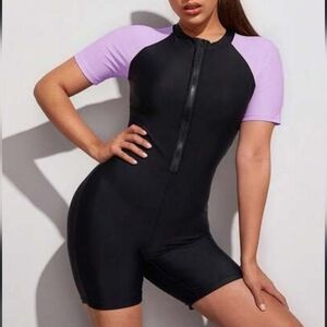 Black and Purple Short Sleeve Bodysuit Swimsuit